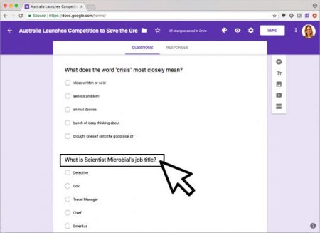 Screenshot of Quizbot quiz on Google Chrome with purple background