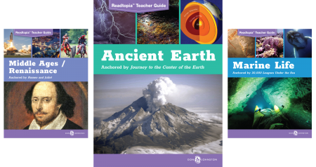 Three Readtopia thematic unit covers Middle Ages/Renaissance, Ancient Earth, Marine Life