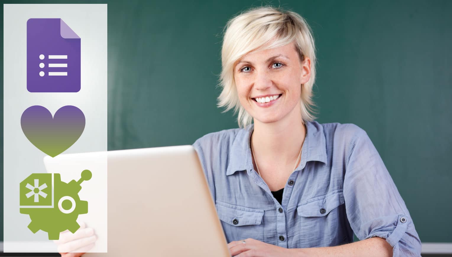 Google Forms icon, heart icon, and Quizbot icon with a woman in a blue shirt, smiling while using a laptop