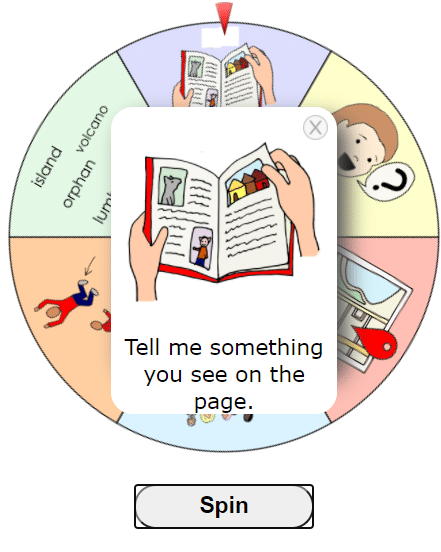 Spin Wheel that says tell me something you see on the page